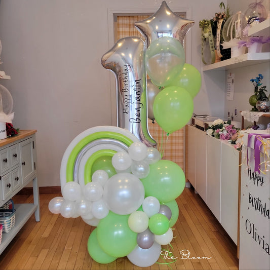 1st Birthday Balloon Stand (Green/White/Silver)